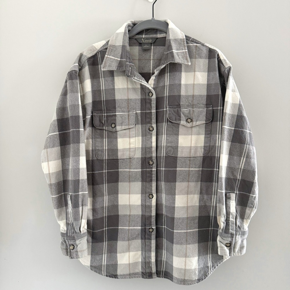 Natural Reflections Grey Plaid Flannel Button Down Shirt Women Small Long Sleeve